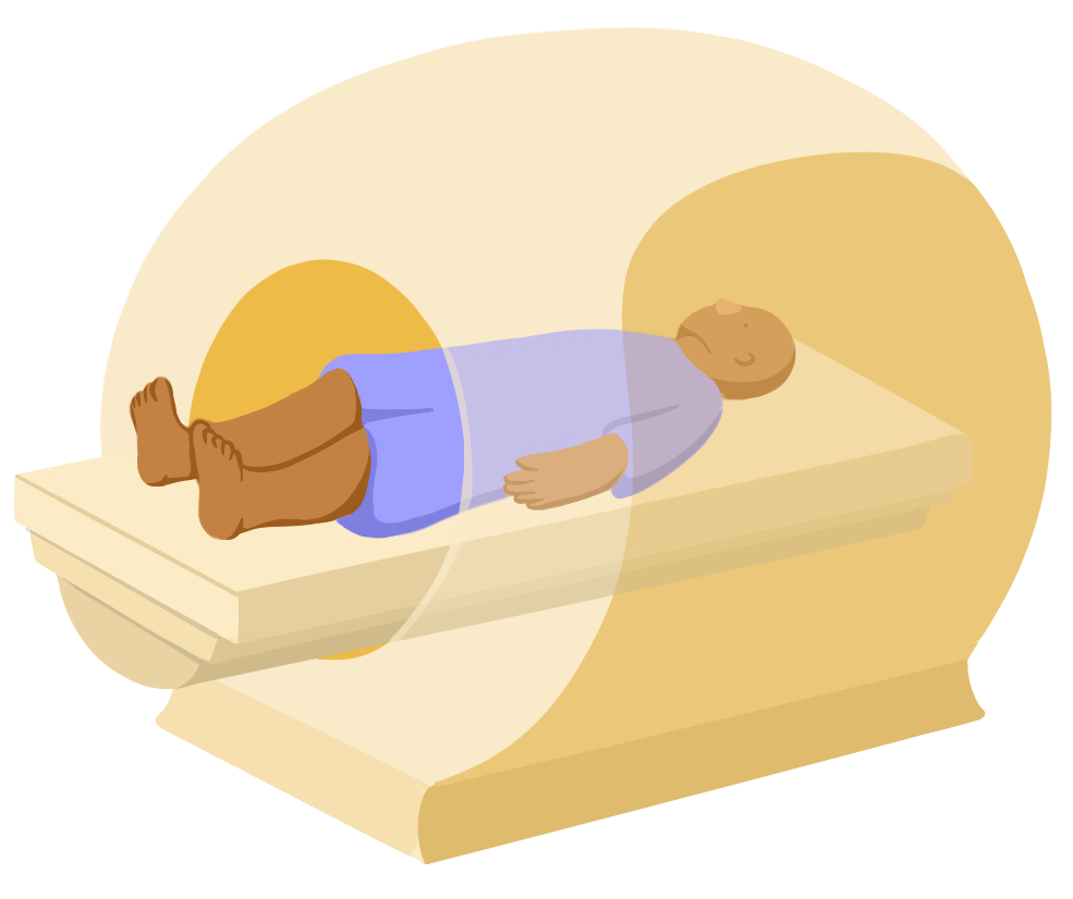 A patient lies on a bed that moves through a donut shaped CT machine.